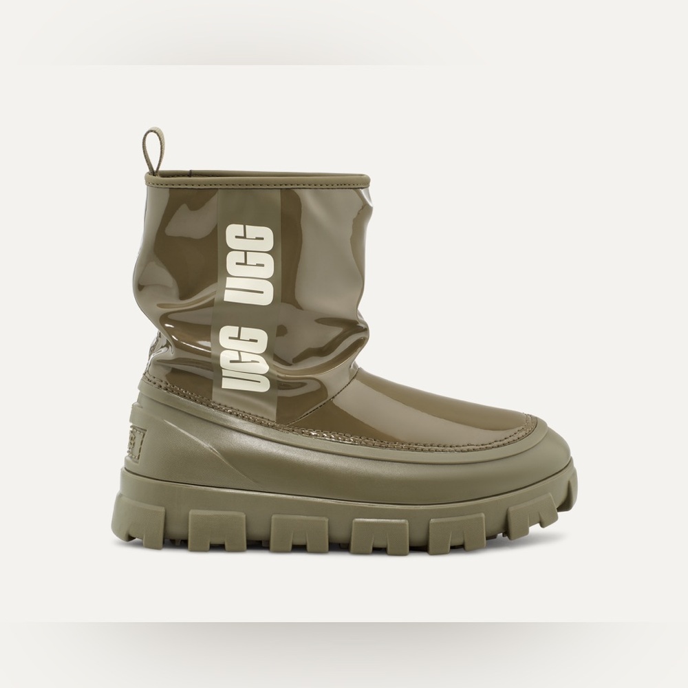 NWOB Ugg Classic Mini Rain Boots Waterproof Logo Wool Lined Army Green Size 7
